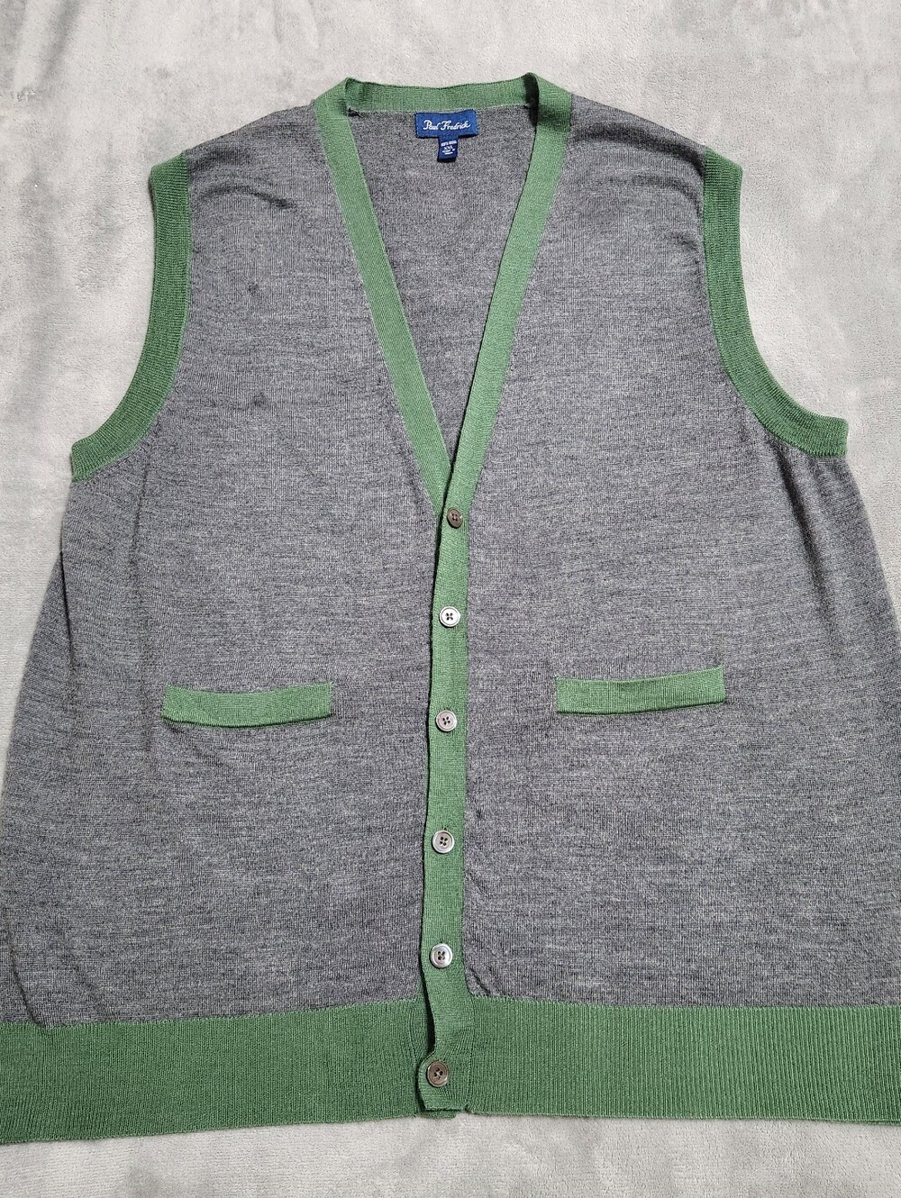 Paul Fredrick 100% Wool Gray & Green Button Sweater Vest XXL